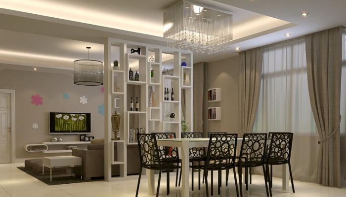 Modern-minimalist-dining-room-decorated-with-partition-and-black-chairs