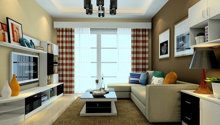 Modern-living-room-with-red-plaid-curtains