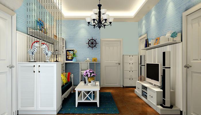 Small-house-living-room-blue-brick-wall-Korean-style