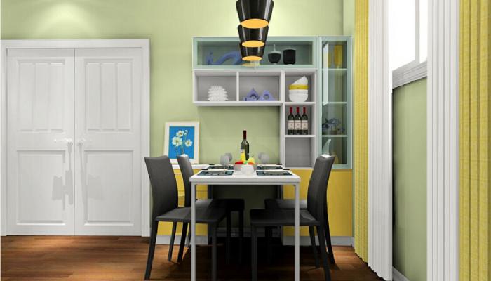 Light-green-dining-room-with-white-door-and-dining-table