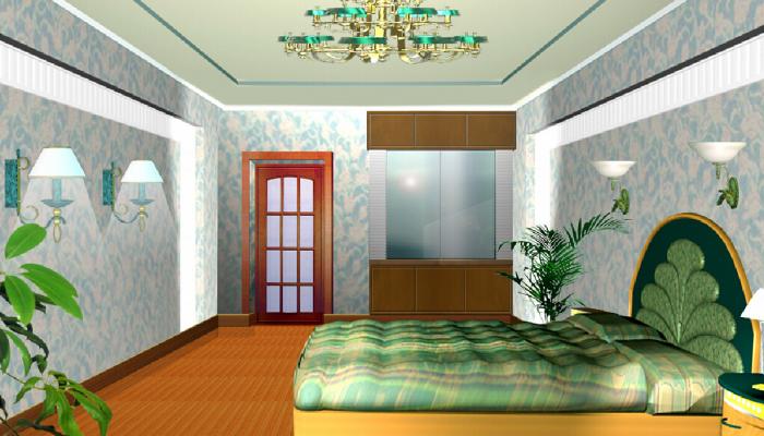 Elegant-bedroom-with-wallpaper-and-green-elements