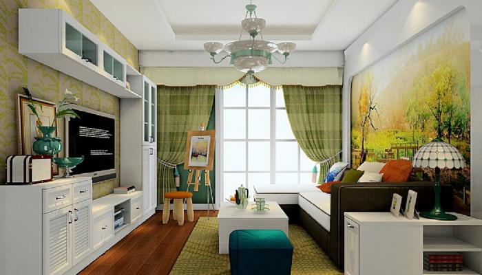 Interior-design-of-Korea-pastoral-style-living-green-plaid-curtains