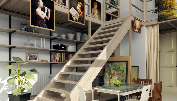 Duplex-house-dining-room-and-wooden-stairs
